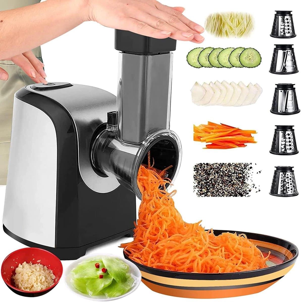 Elektrische Groentesnijder - Keukenrasp Hakmolen - Gerechten Bereiden - 5 Kegelmessen - 150W - Zilver Zwart — afbeelding 1