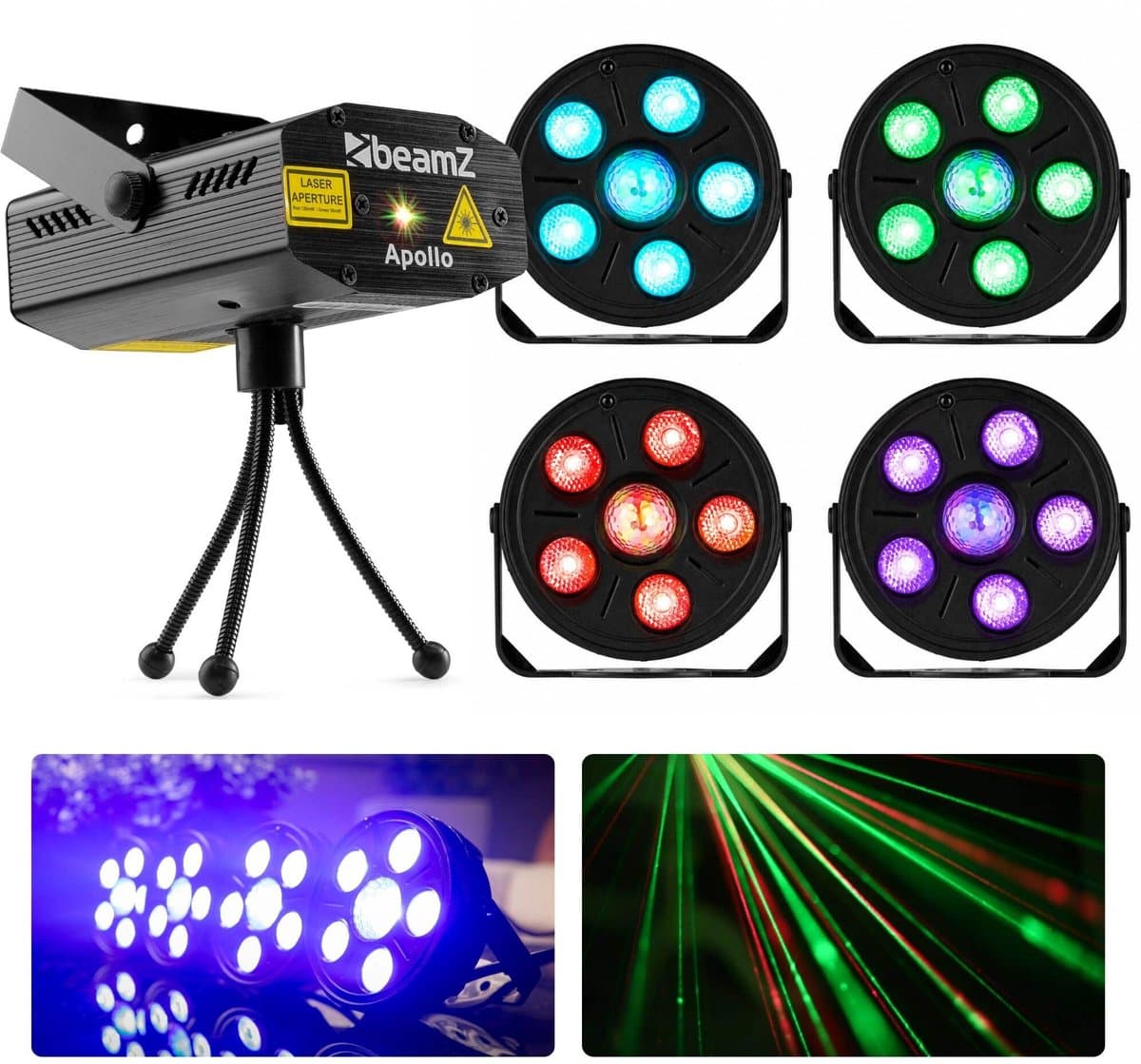 BeamZ huisfeest partyset - Met 4 discolampen en RGB laser - Ideaal voor kinderfeestjes - Pakket S — afbeelding 1