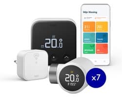 tado° Slimme Thermostaat X Bundel - Starterskit - Smart Thermostaat - incl. Matter Bridge - werkt met Google Home, Alexa & Apple Homekit - Bedrade variant - 7 Radiatorknoppen - Zwart/Wit