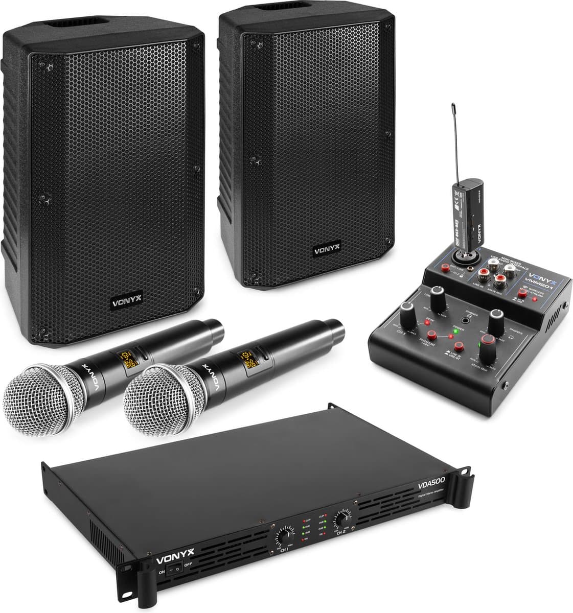 Vonyx karaoke set voor volwassenen - Complete karaokeset - Met 2x krachtige speakers en draadloze microfoons - Bluetooth — afbeelding 1