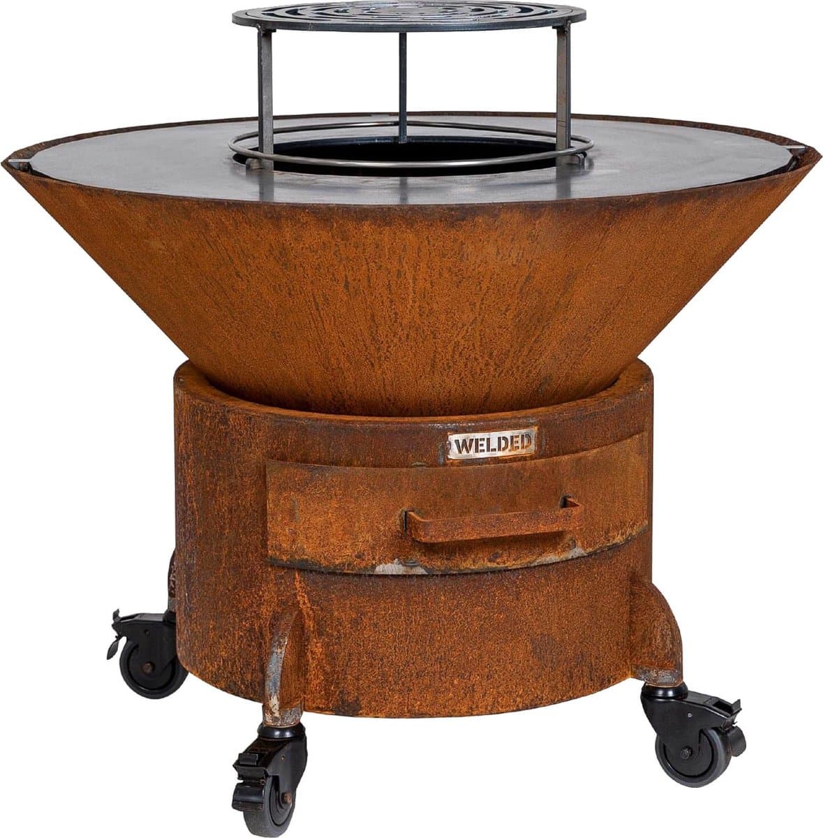 WELDED DRUM 800 Barbecue Vuurschaal - BBQ Lounge - cortenstaal - houtgestookt-standaard met wielen, aslade, regelbare luchttoevoer onder in vuurschaal waardoor veel minder last van rook, afdekplaat — afbeelding 1