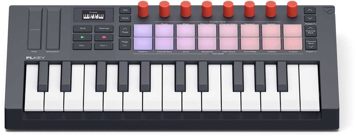 Novation FLkey Mini 25 MK2 - Compacte MIDI Keyboard Controller voor FL Studio - 25 Mini-Toetsen - 16 Pads - 8 Knobs - OLED Display — afbeelding 1