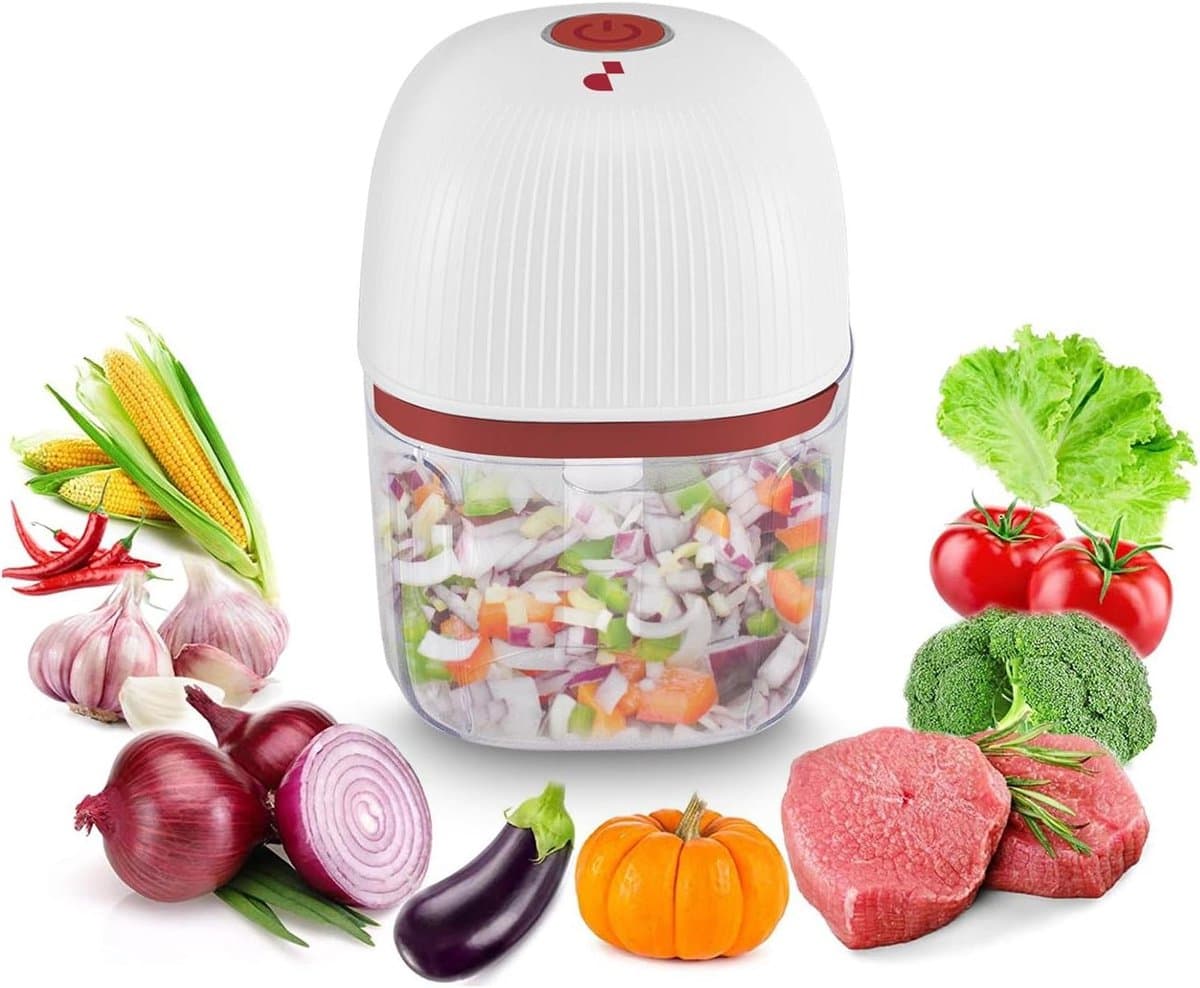 Mini Hakmachine - Keuken Hulp - Snel Ingrediënten Snijden - Draadloos Oplaadbaar - 350 ml - Rood Wit — afbeelding 1