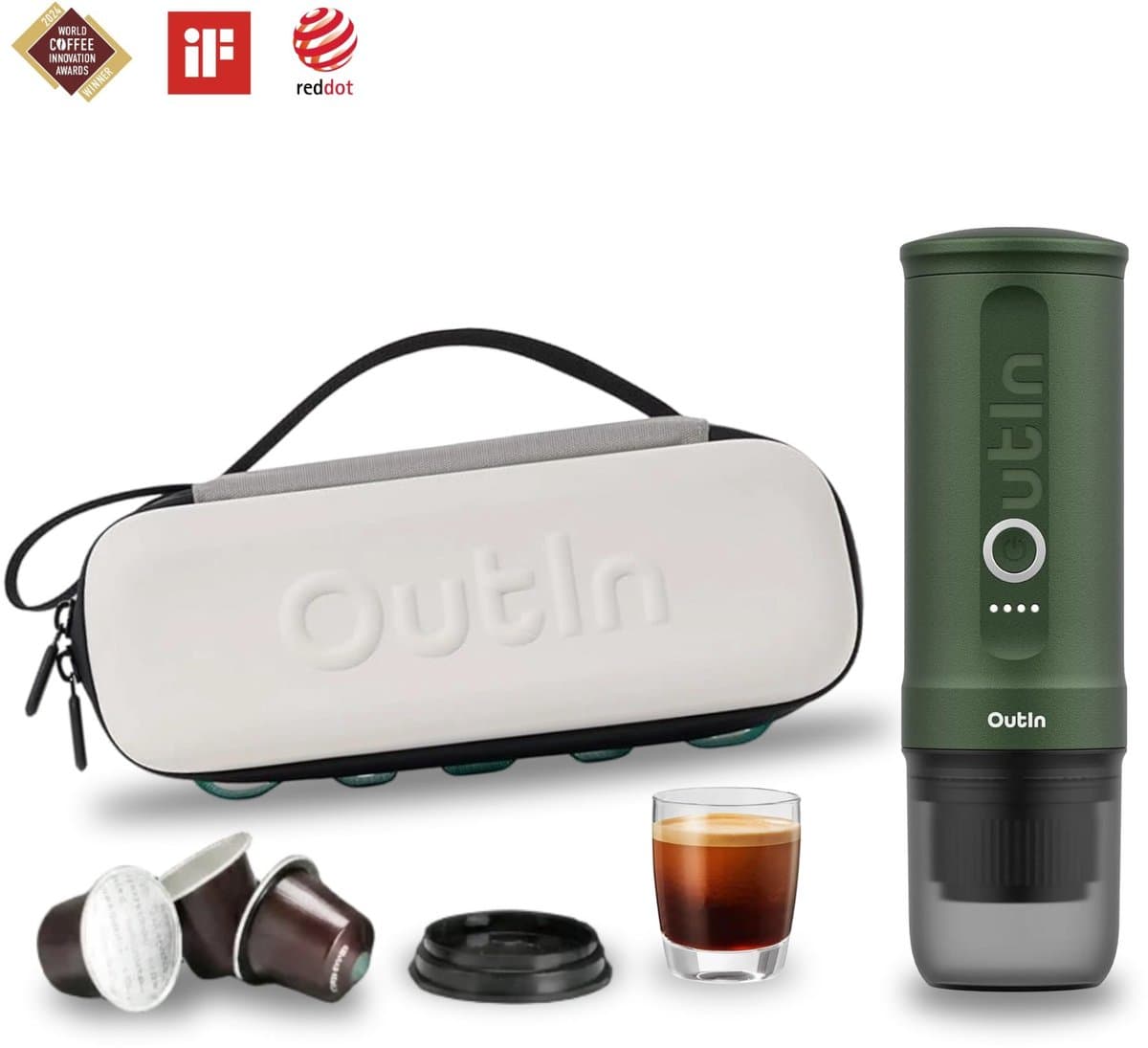 Outin Nano Bundle Draagbaar Koffiezetapparaat Compact Espresso Apparaat | Oplaadbaar | Voor Onderweg | Geschikt Voor Capsules En Gemalen Koffie | Reizen Camping Auto Gebruik — afbeelding 1