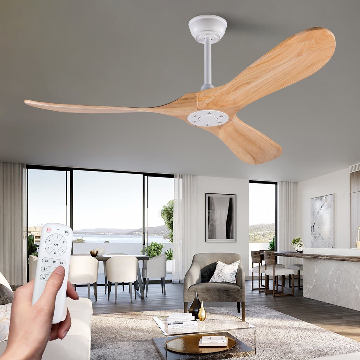 Merdoo Plafondventilator zonder Lamp - 52 inch - 3 Houten Bladen - Afstandsbediening - Wit/Naturel — afbeelding 1