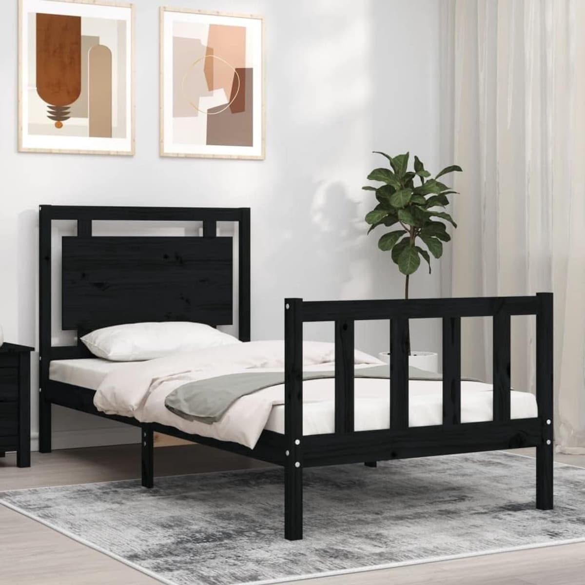 Bedframe 2FT6 Small Single Familiekbed, massief houten bed met hoofdeinde, zwart — afbeelding 1