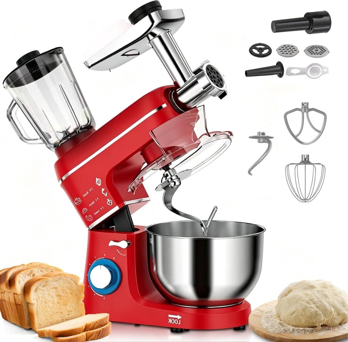 Keukenmixer 5-in-1 - Keukenmachine multifunctioneel - Bakken en koken - 1400W kantelbare kop - 10L kom - Rood — afbeelding 1