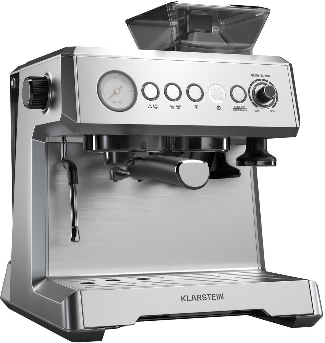 Klarstein GrandPresso Espressomachine - Precisiemolen - Stoompijpje - Portafilter - Drukindicator - 20 bar - Roestvrij staal - Drukpomp - RVS - Compact - Coffee Machine - Koffieautomaat — afbeelding 1