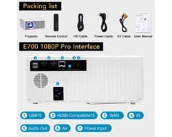 Alincoo - E700 - Beamer - Projector Beamer - Mini Meamer - 4k - Full HD 1080P - 1920x1080dpi - Automatische focus - 5G - met WiFi - 28000 Lumens - Wit