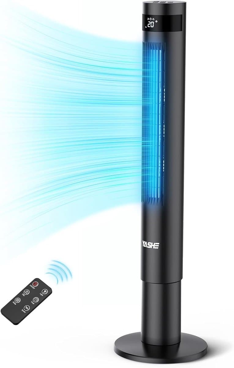 YASHE Torenventilator 110 cm - Stille ventilator vanaf 28 dB - 85 graden oscillatie - Afstandsbediening - 3 snelheden - 12-uurs timer - Led-display - Zwart — afbeelding 1
