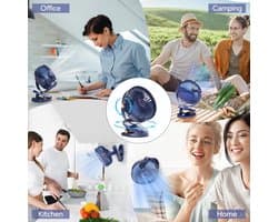USB Tafelventilator met Clip en LED Licht - Draagbare Bureauventilator met 4000 mAh Accu voor Stil Gebruik in Slaapkamer en Kantoor