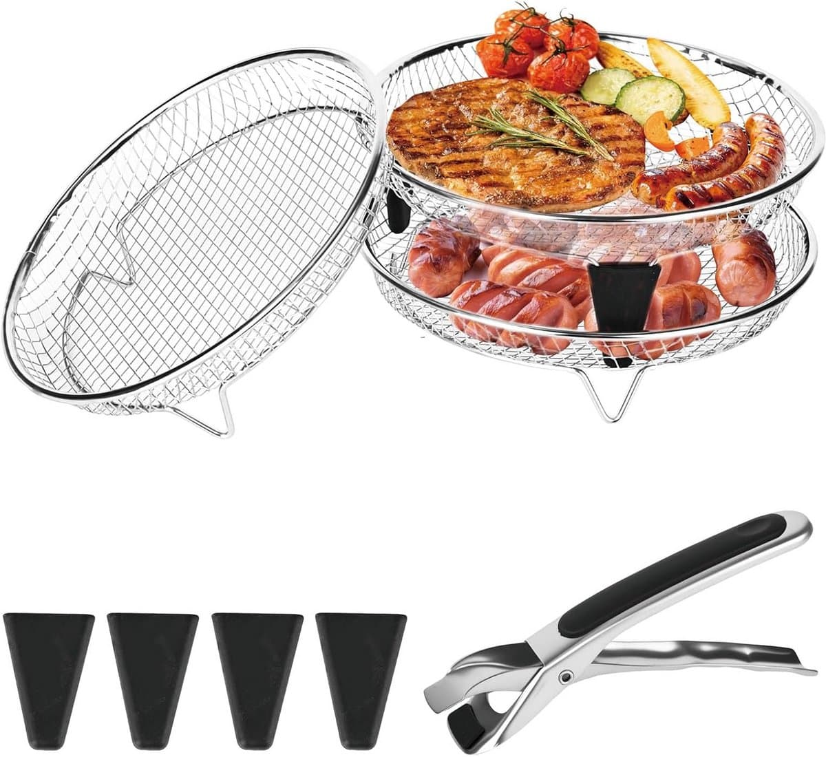 3-pack Stapelbare Airfryer Mandjes RVS - Ronde Roster met Siliconen Voetjes en Tongs — afbeelding 1