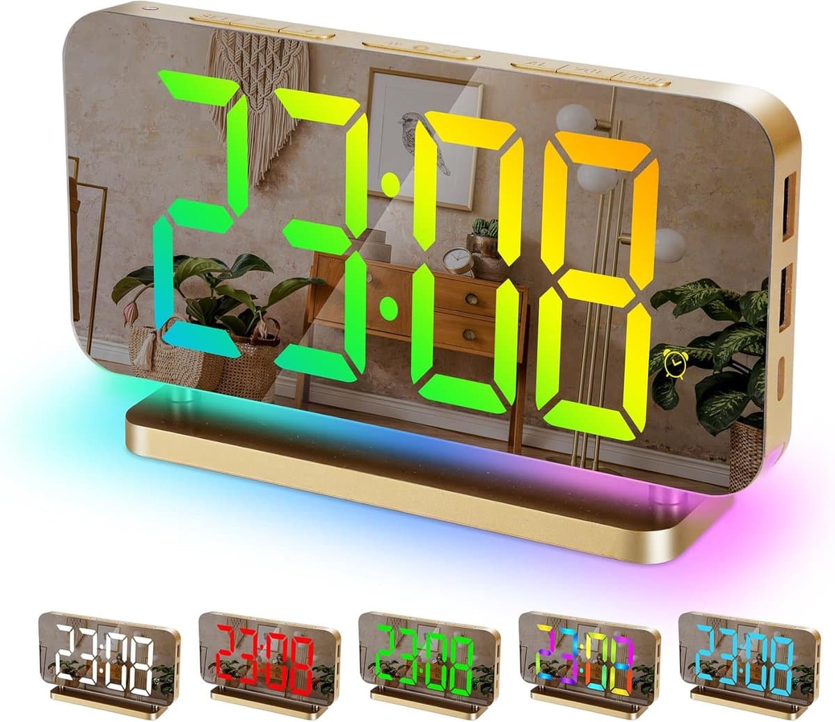 Digitaal Wekkerhorloge - Digitaal LED Elektronisch Bureauwekker - 11 Kleuren Tijdsweergave en RGB 10-Modus Nachtlamp - USB-C Oplaadbare Bedside Klok met Projectie - Geschikt voor Slaapkamer en Kantoor - Gouden Kleur — afbeelding 1