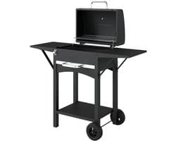 Premie Houtskool Barbecue - Smoker Barbecue - Barbecuegrill - Grillwagen - Houtskoolgrill met 2 Bijzettafels, Groot Grilloppervlak, Deksel, Thermometer, Planken - Verplaatsbaar - BBQ voor buiten, tuin - Zwart