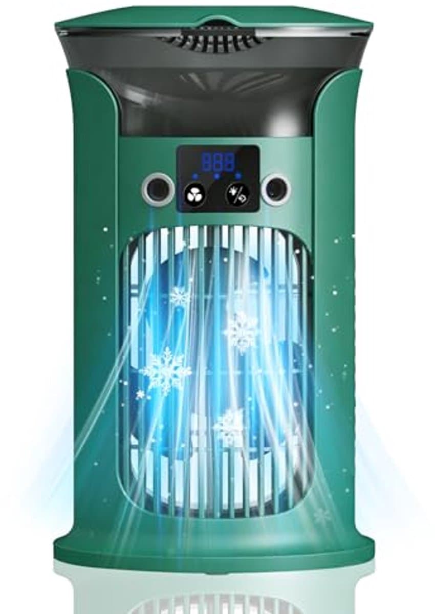 Mobiele Luchtkoeler met Verneveling - 880ml Watertank - 3 Snelheden - 7 Kleuren Nachtlampje - Fluisterstil 20 dB - USB-C Air Cooler - groen — afbeelding 1