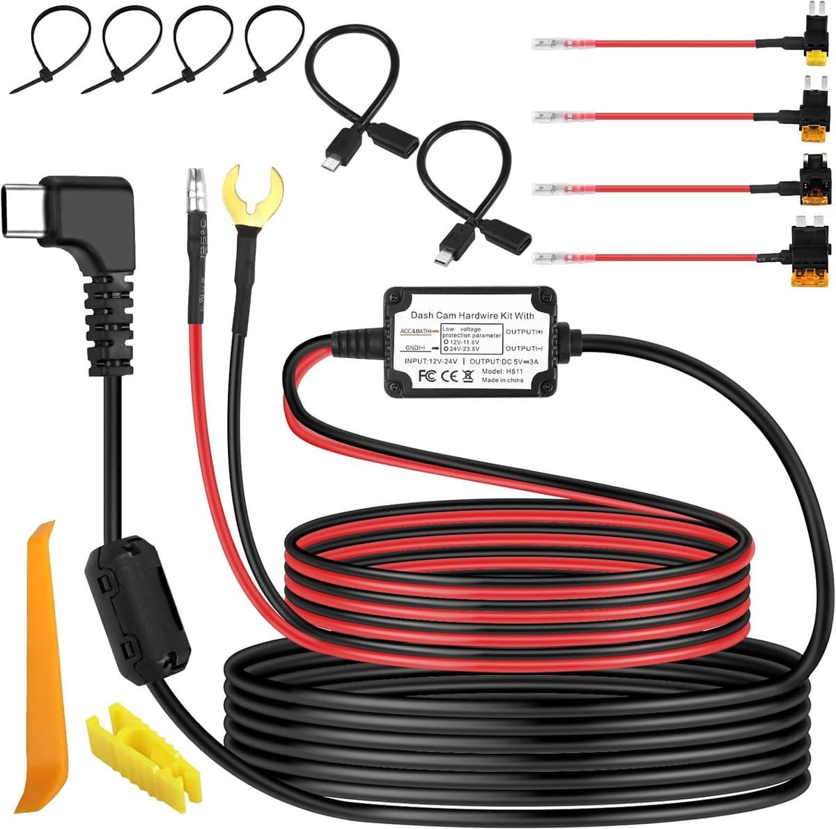 SnelShoppen - Dash Cam Hardwire Kit USB Type-C Adapter Micro/Mini USB Voeding Kabel 12V-24V naar 5V met 4 Fuse Tap Kabel en Tool voor GPS Navigatie Ra — afbeelding 1