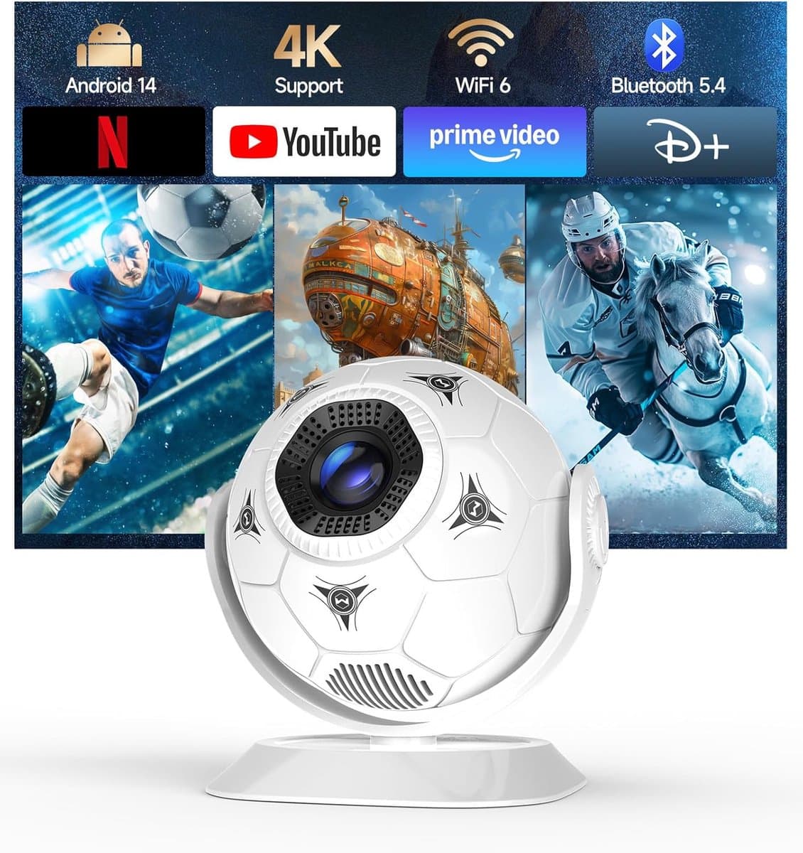 SnelShoppen - Mini Projector 4K Met 360° Voetbal Motief, Draagbare Wifi 6 Bluetooth 5.4 Projector Voor Thuisbioscoop, Buiten, Camping, Auto Keystone, — afbeelding 1