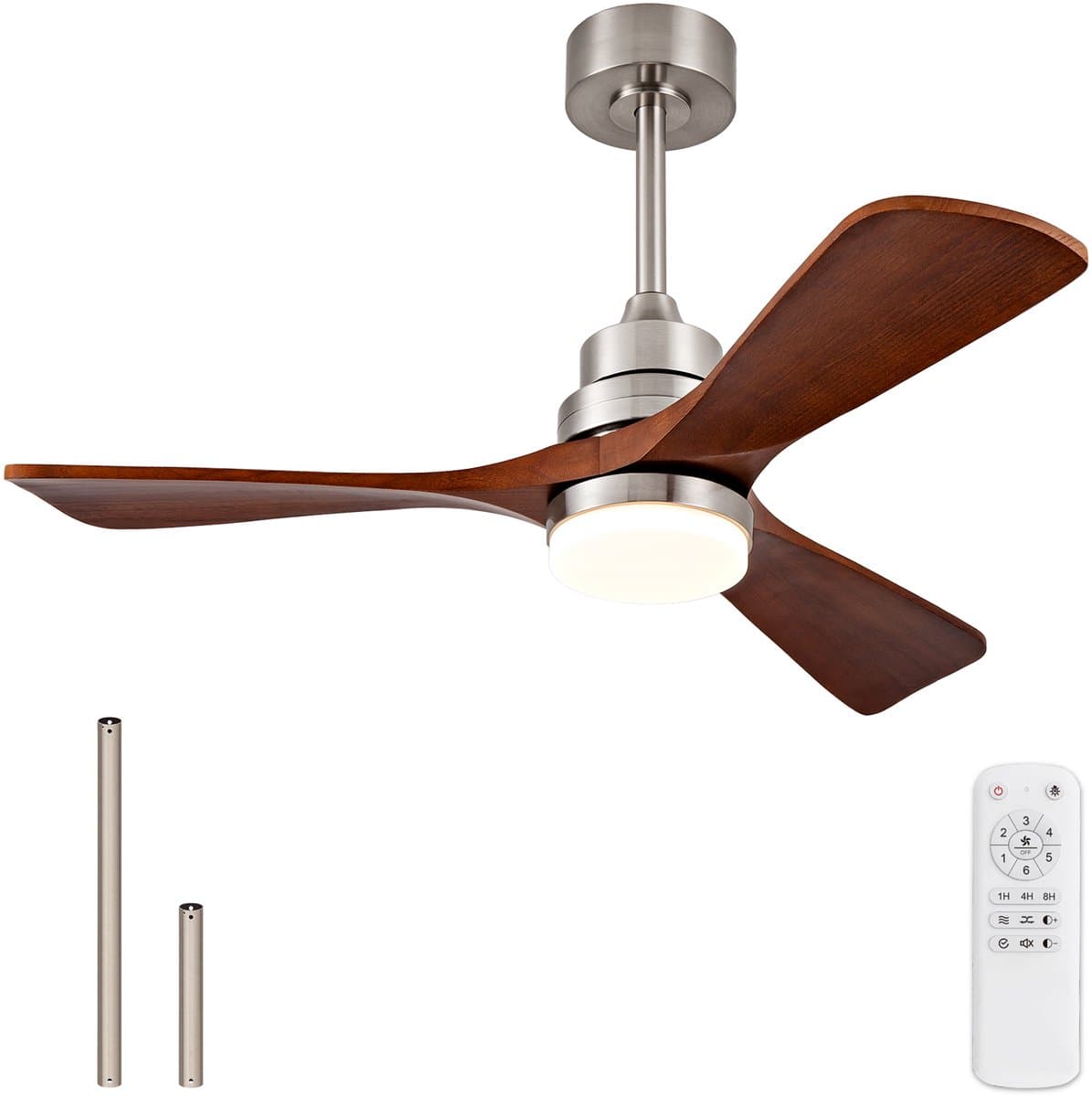 Houten Plafondventilator 42 inch - Met Licht en Afstandsbediening - Binnen en Buiten Gebruik - Modern Design met 3 Bladen - Geschikt voor Terras, Woonkamer, Boerderij - Zijde Nikkel Afwerking — afbeelding 1