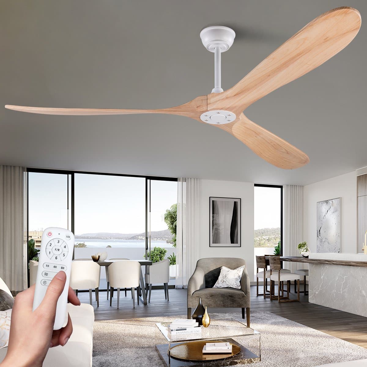 MODENUIT Plafondventilator 176 cm - Zonder Verlichting Met Afstandsbediening En 6 Snelheden - Voor Woonkamer En Terras - Metaal En Hout - Wit Natuur — afbeelding 1