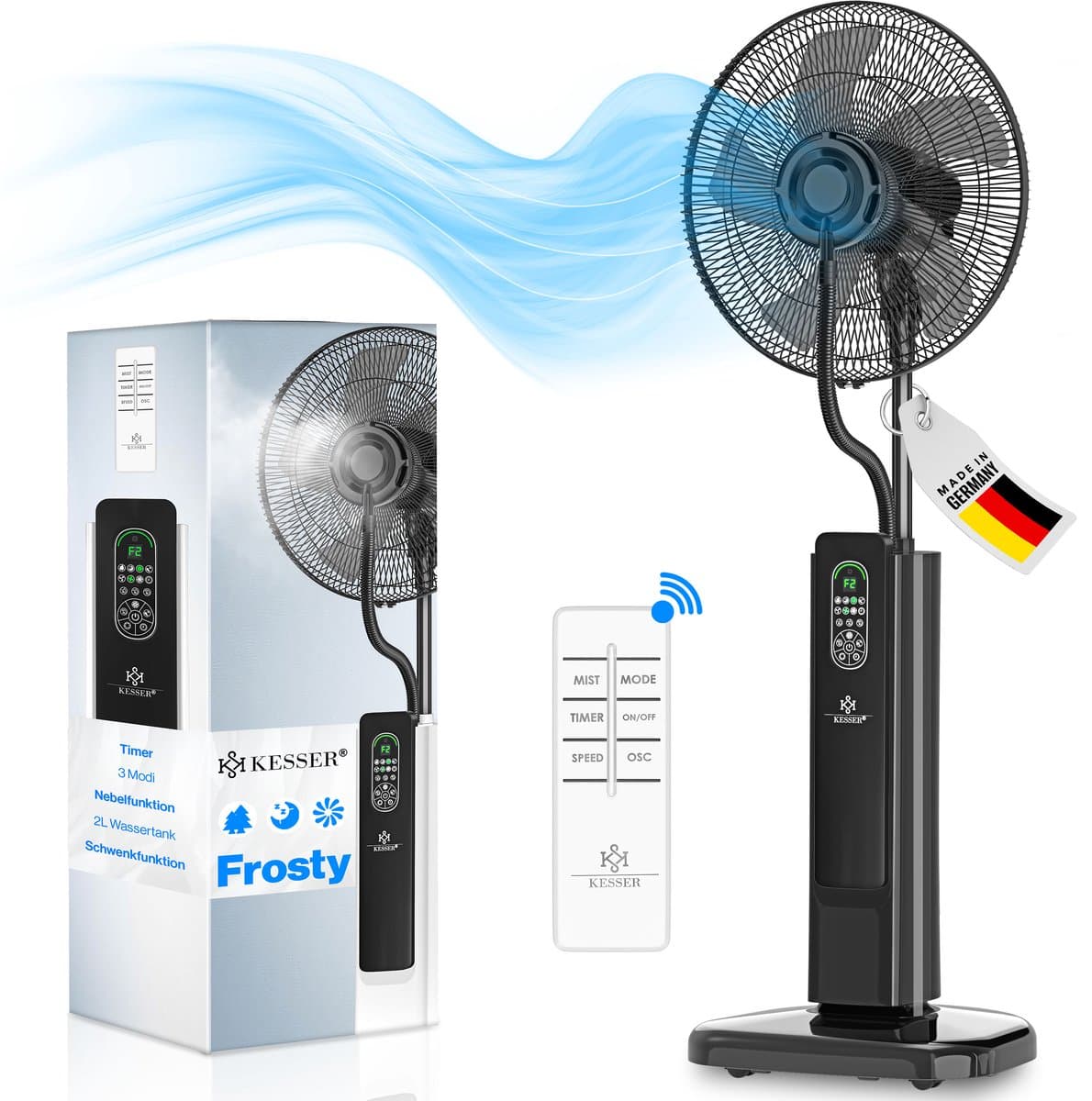 KESSER® Statiefventilator Frosty met Water Ultrasone Verneveling Koeling - Staande Ventilator inclusief Afstandsbediening en Timerfunctie - Zwart — afbeelding 1