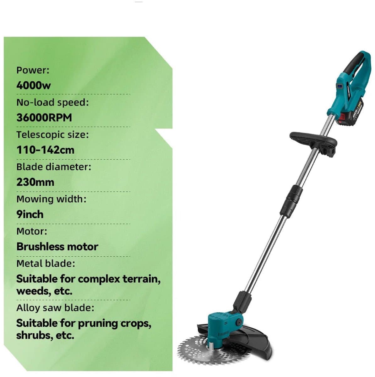 Handmaaier - Grasmaaier - Grastrimmer - Grasschaar - Grasmachine - 4000W - 9 Inch - Elektrische/Accu - Borstelloze Grastrimmer met Digitaal Display – Krachtige Accu Tuinmaaier - 21V/18V Compatibel - Zonder Batterij — afbeelding 1