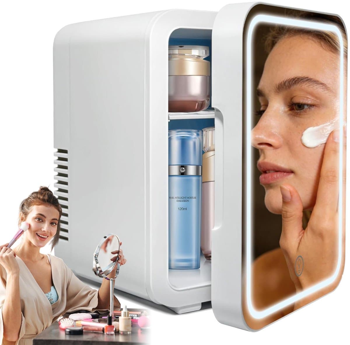 Cosmetische Koelkast - Skincare Fridge - Mini Koelkast 4L - Make-up Koelkast - LED Spiegel - 3 Dimstanden - Koelen & Verwarmen - Auto Koelkast - 220V & 12V - Thuis & Auto - 27x22x18 cm - Voor Huidverzorging & Maskers & Drankjes - Wit — afbeelding 1