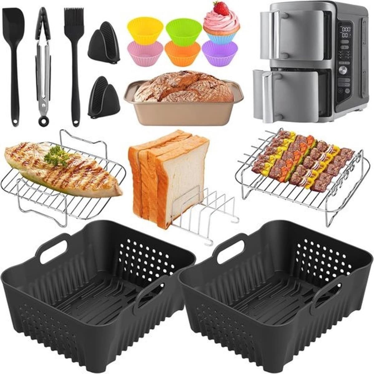 Siliconen airfryeraccessoireset met liners, handschoenen, grillrekken en muffinvormpjes — afbeelding 1