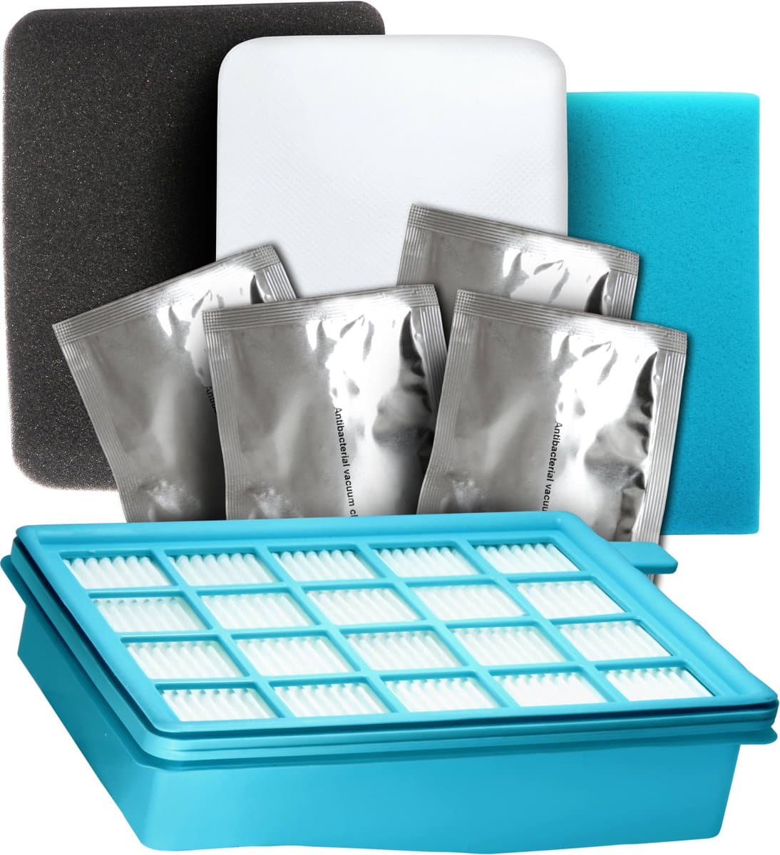 Dparts 4-delig hepa filter en geurzakjes geschikt voor Philips stofzuiger - 1 filterset en 4 zakjes geurkorrels - PowerPro Active en PowerPro Compact zakloze stofzuigers - Stofzuigerfilter allergiefilter - 432200493803 - FC8058 - FC8058/01 — afbeelding 1