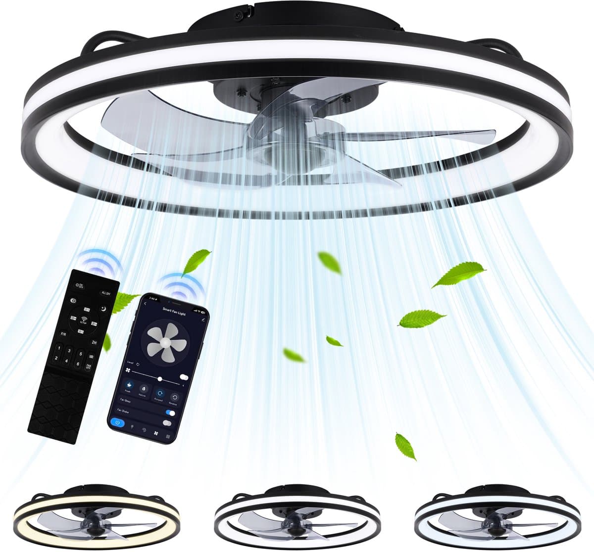 Plafondventilator met lamp 48cm Ventilator met LED verlichting Ventilatoren Met afstandsbediening Zomer- en winterstand - Zwart — afbeelding 1