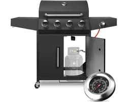 Stemily Gas BBQ - 4 Hoofdbranders - 1 Zijbrander - Ingebouwde Thermometer - Zijtafels & Gereedschaphaken - 44x135x136cm