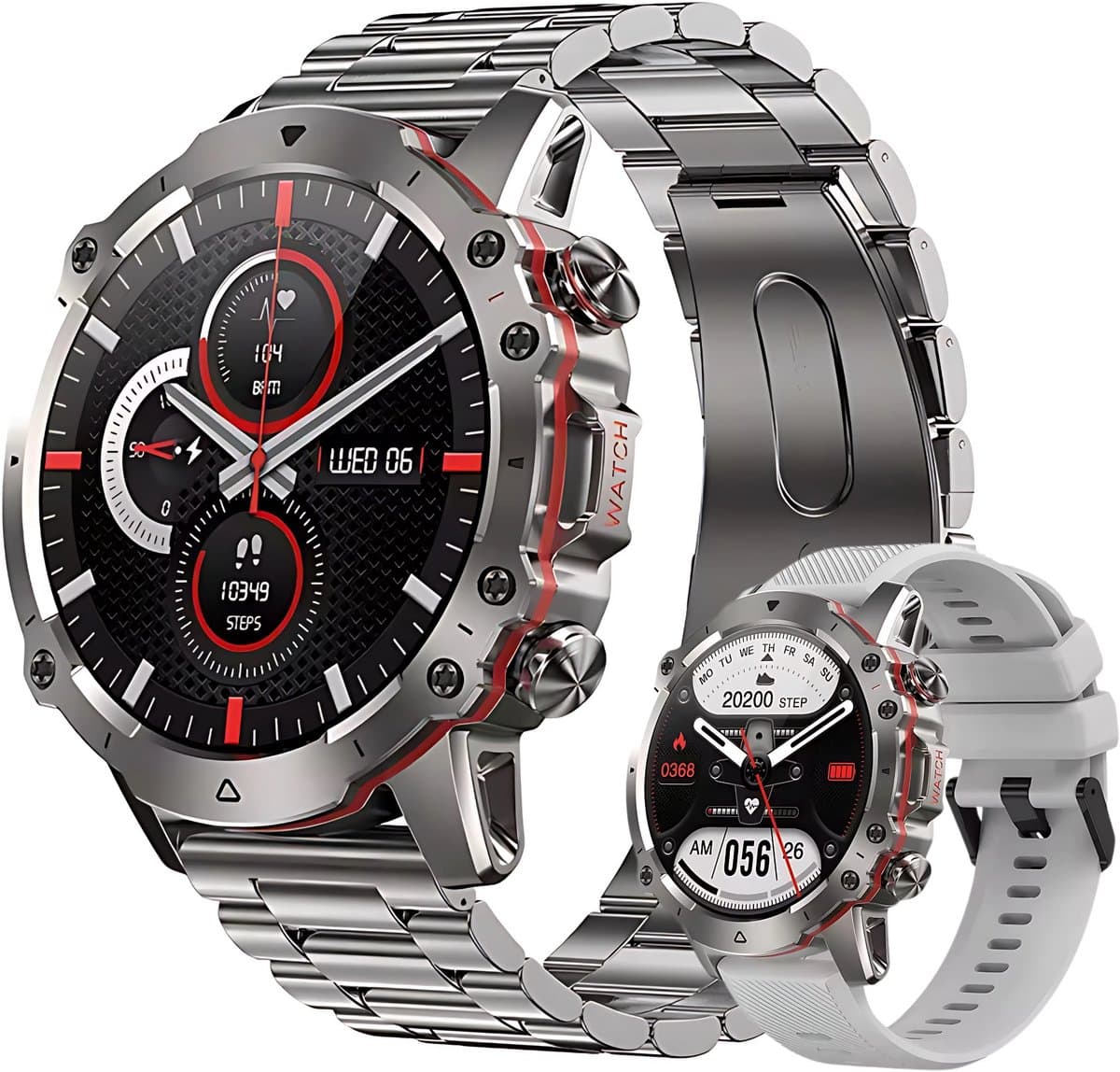 Royal Empire AK56 Smartwatch - Smartwatch Heren - Stappenteller - Bloeddrukmeter - Hartslagmeter - Slaapmonitor - Multisport - RVS & TPU Bandje - 47MM - Geschikt voor alle Smartphones - Zilver — afbeelding 1