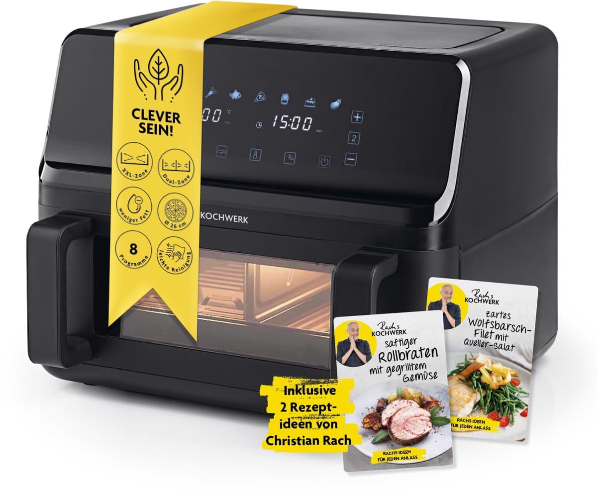 Rachs KOCHWERK Vario-dubbelkamer heteluchtfriteuse 9 L | Airfryer met splitsbare kamer, touchscreen & 8 programma’s | Vetarm frituren zonder olie | 2700 W Smart-Cook functie — afbeelding 1