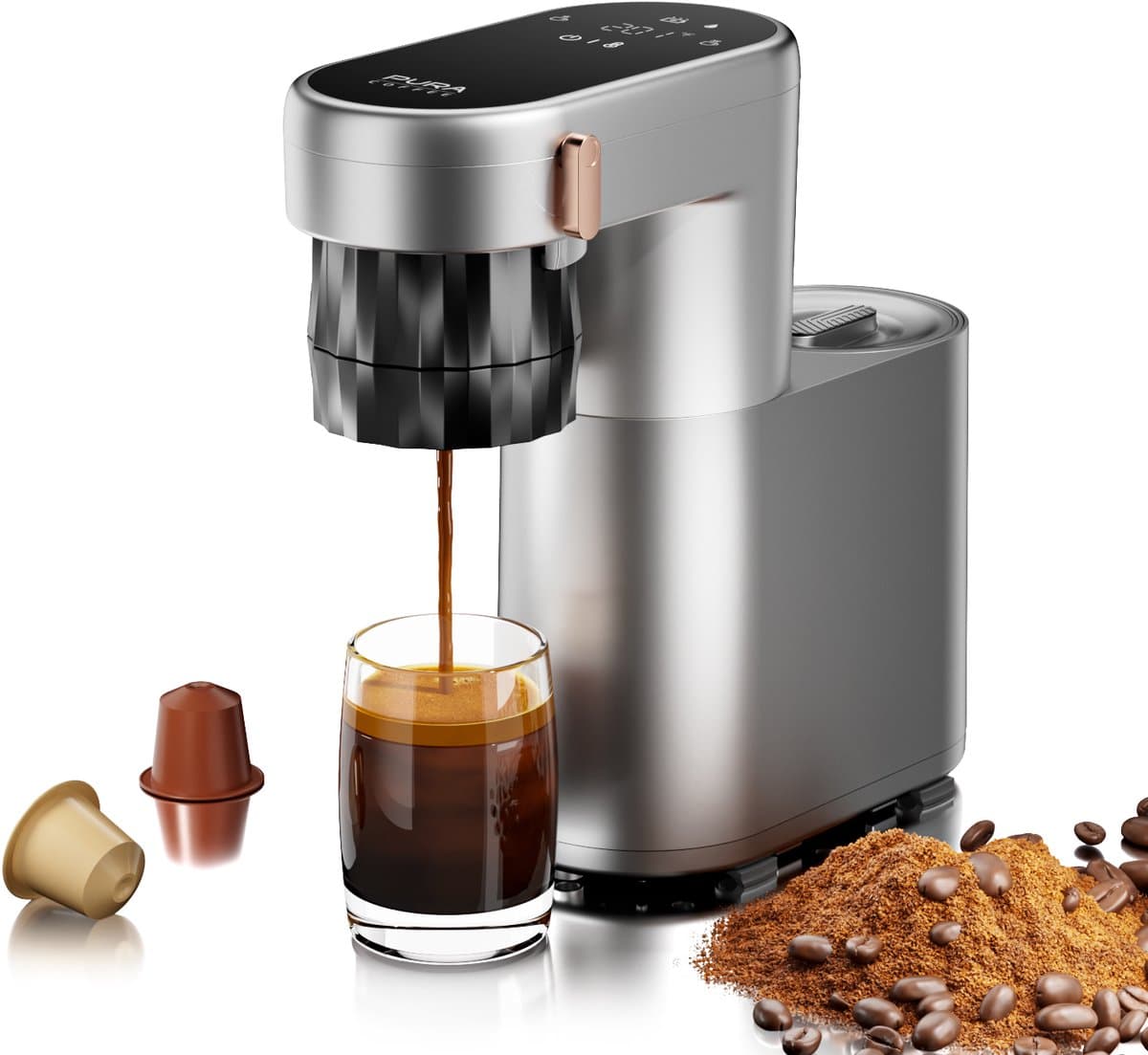 Pura Coffee C1 Pro Mini Espressomachine - 3 Seconden Verwarming - 20Bar - Draagbaar & Oplaadbaar - Eénknopsbediening - Geschikt voor Koffiepoeder & Espressocapsules — afbeelding 1