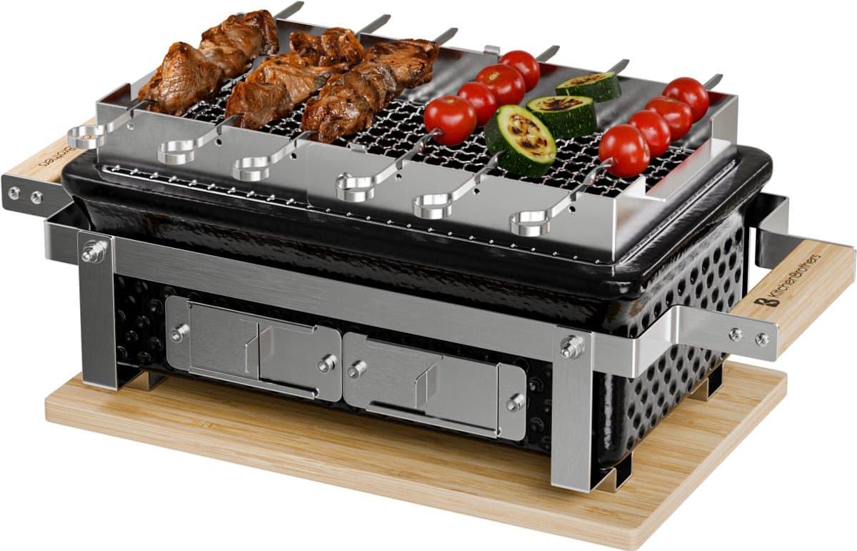 KitchenBrothers Kamado Hibachi Grill - Met Grillrek en Stokjes - Houtskool Barbecue - PFAS-vrij - Shichirin Tafelgrill - Rechthoekige BBQ - Keramische Barbecue - Zwart — afbeelding 1