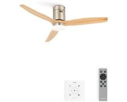 CREATE - Plafondventilator 40W silent 100% hout (Ø132cm) (ruimtes 10m²-25m²) - Nikkel / Licht hout - Met licht - Controller voor wandmontage + afstandsbediening - WIND CALM NATURAL WOOD