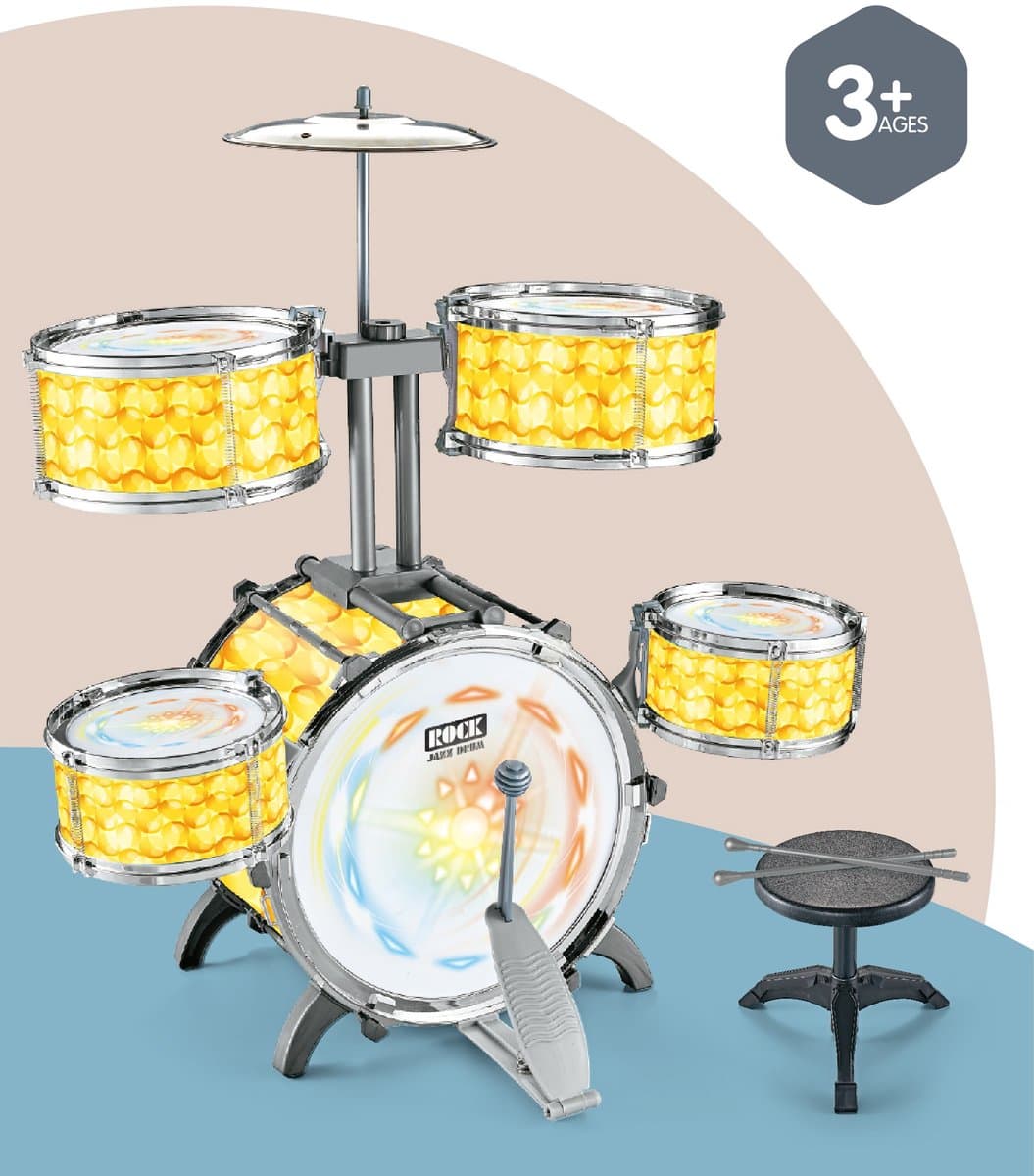 WK Kinder Lichteffecten Drumstel met 5 Trommels & 7-Kleuren LED – 73×59×31cm – Jazz Drum Speelgoed voor Jongens & Meisjes – Drumstel voor Beginners – Educatief Speelgoed met Realistische Geluiden - Geel — afbeelding 1