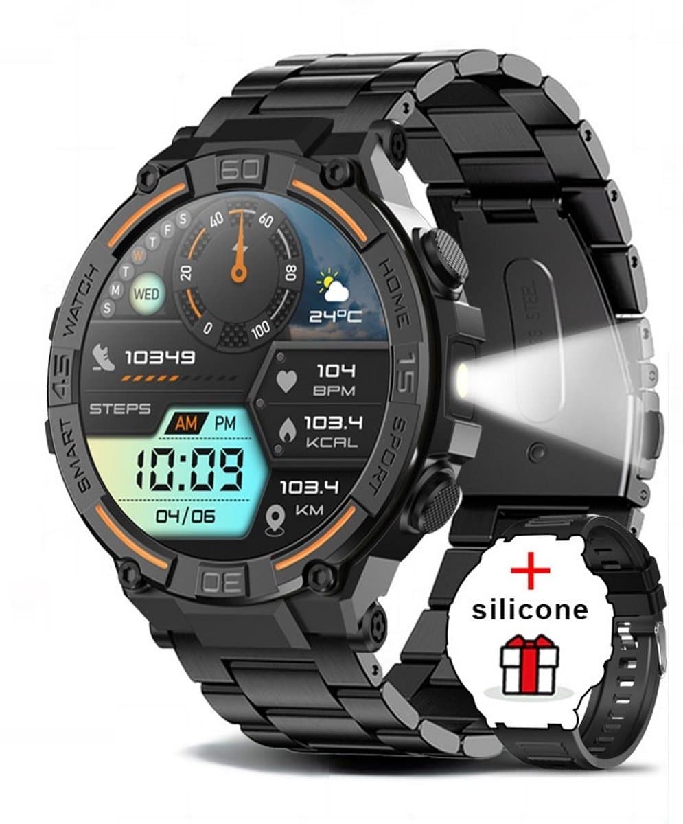 Knobbout 1.52" (3.8cm) Schokbestendig Sport Smartwatch - Zijwaartse LED-verlichting-Bloeddrukmeting, hartslag monitoring en bloedzuurstof (SpO₂)-controle- Bluetooth belfunctie - Sedentaire herinnering-Sedentaire herinnering-Zwart stall+ siliconenband — afbeelding 1