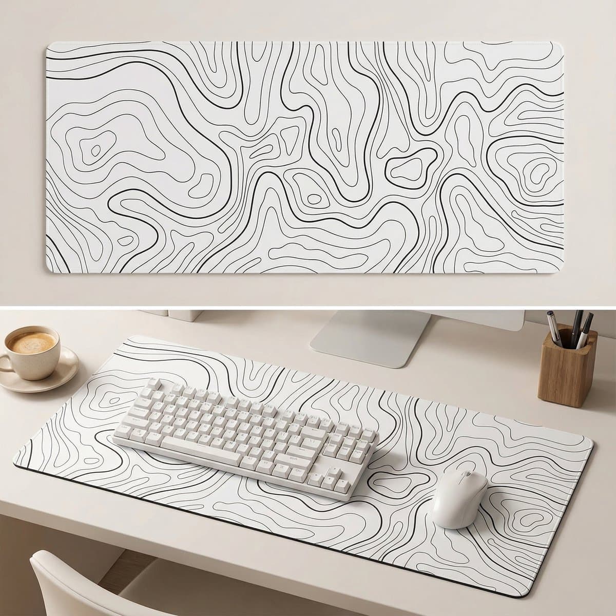 Witte XXL Muismat met Topografisch Design – 90x40 cm – Antislip – Voor Werk & Gaming — afbeelding 1