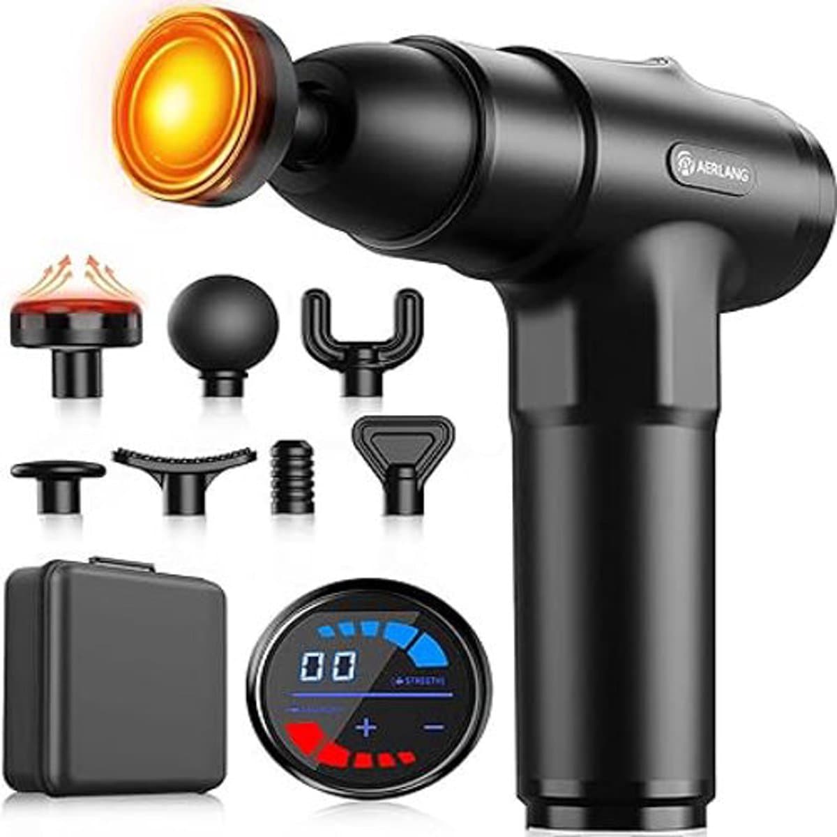 Massagepistool met Warmtefunctie – 20 Standen – LED-Display – 7 Massagekoppen – Handmassageapparaat voor Spieren & Ontspanning — afbeelding 1