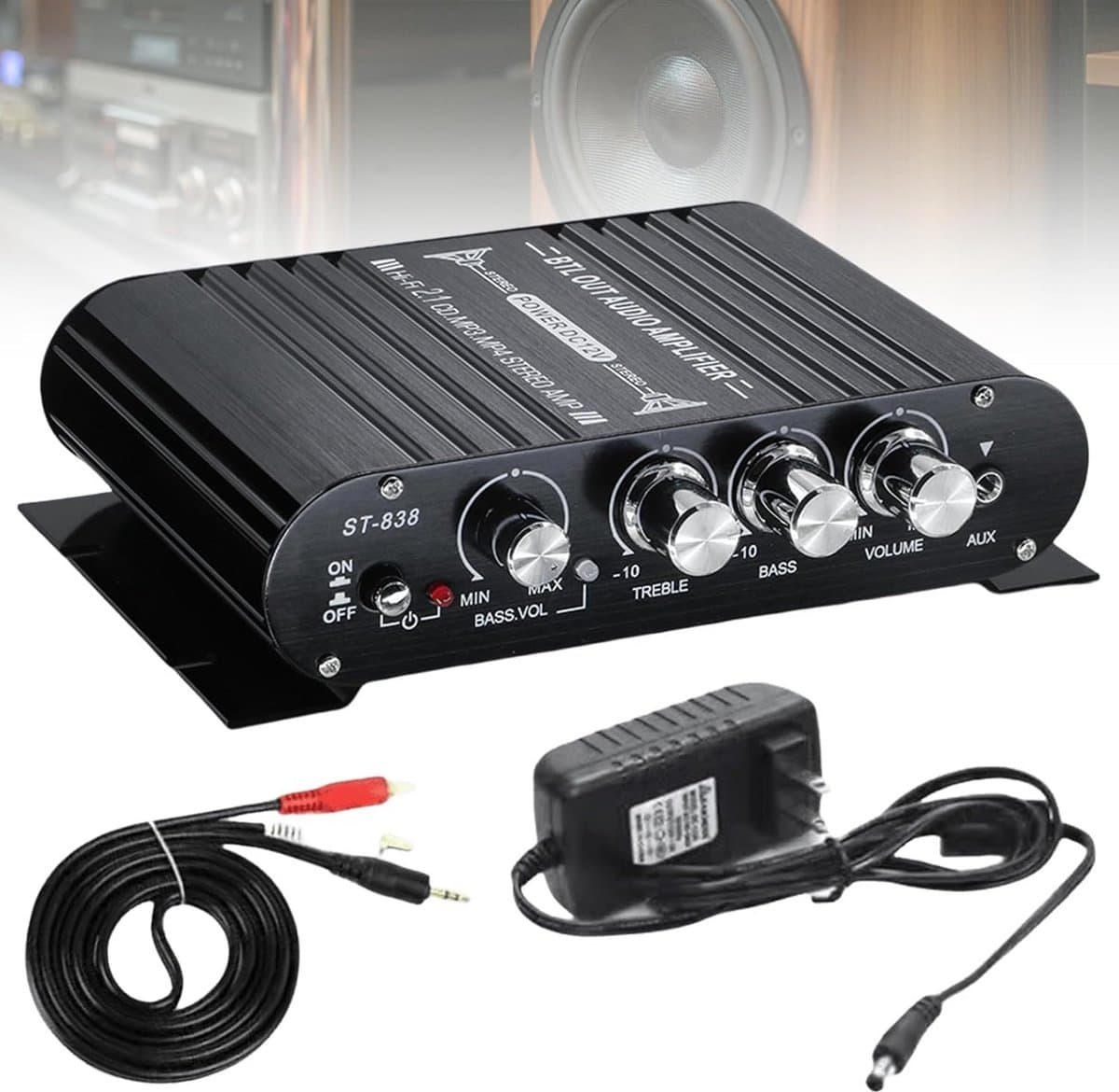 Bluetooth Mini HiFi Audio-versterker 20WX2 + 40W 2.1-kanaals met AUX & Stroomadapter — afbeelding 1