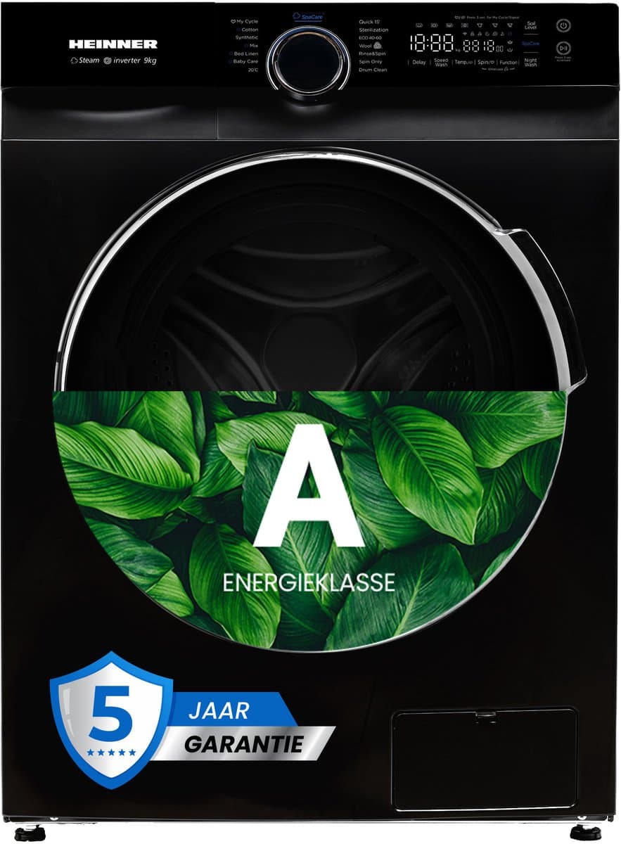 Heinner HWM-M914IVKBA+++ Wasmachine 9 kg – 1400 tpm – Inverter Motor – Touchbediening – 14 Programma’s – Stoomfunctie & 15-min Snelprogramma – Energieklasse A – Zwart – 5 Jaar Garantie — afbeelding 1
