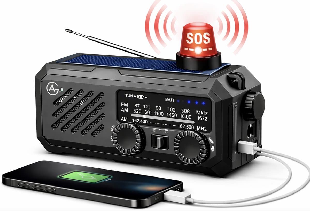 Noodradio Solar Opwindbaar en Batterij - 3 in 1 radio - Handdynamo – Opwindbare FM/AM/WB Radio – Powerbank 2000mAh – USB & USB-C opladen – Zaklamp & SOS-Alarm – Voor Noodpakket, Camping & Stroomuitval - Zwart — afbeelding 1
