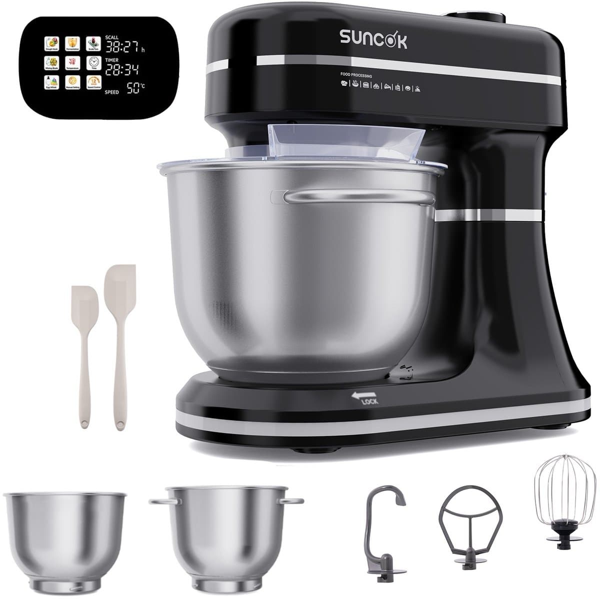 SUNCOK Keukenmixer, met twee roestvrijstalen mengkommen: 4,5 l en 5,5 l. Krachtige motor van 1500 W, geluidsniveau 59 dB. Blender, geschikt voor bakken en deeg kneden. — afbeelding 1