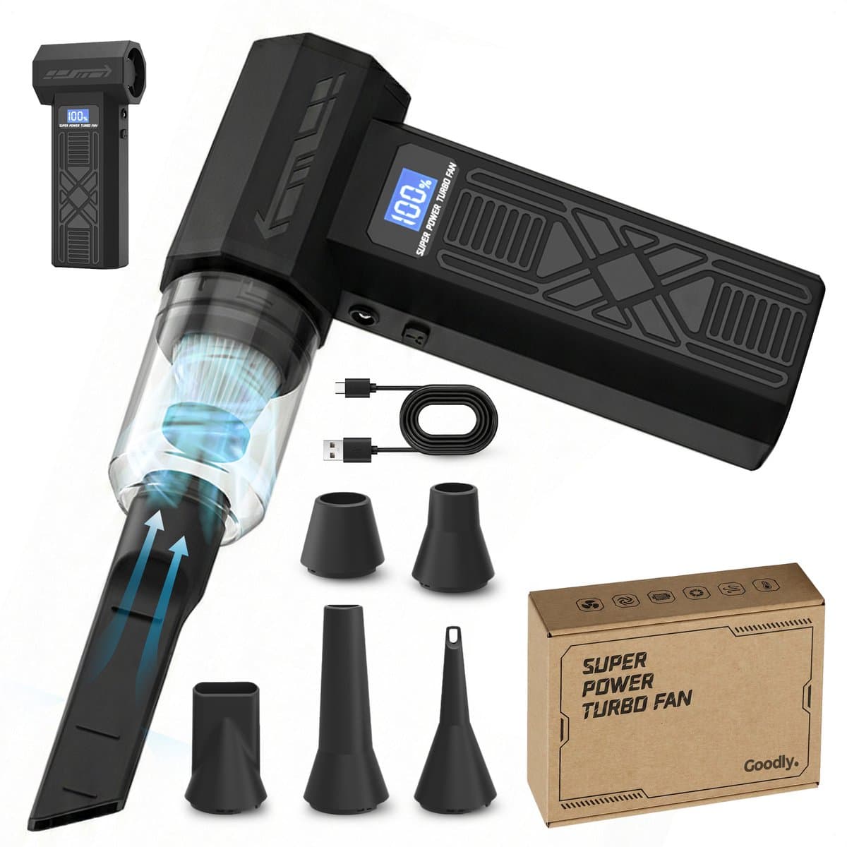 Goodly® pro 3-in-1 Auto Stofzuiger - Zuigen & Blazen - Oplaadbaar - 7 Opzetstukken - Kruimeldief - Handstofzuiger - Airduster - Zwart - Zaklamp — afbeelding 1