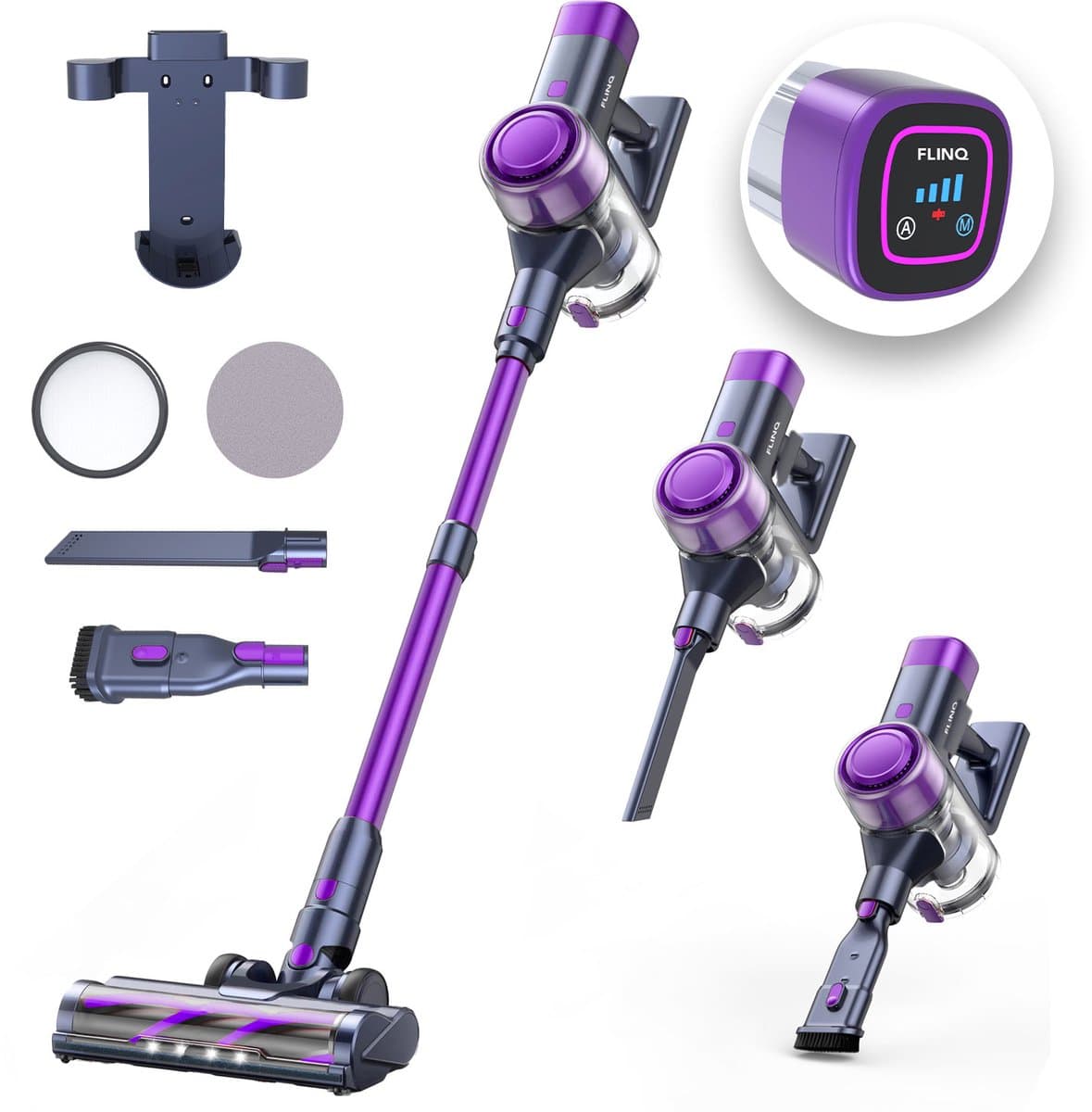 FlinQ Vacuum Cleaner V12 Pro - Steelstofzuiger Draadloos - Stofzuiger zonder Zak - Met Duurzame Accu - Snoerloos en geschikt als Kruimeldief - Paars — afbeelding 1