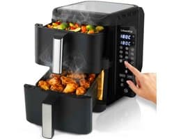 Dubbele Airfryer XXL 11L - BPA & PFAS Vrij - Dual Heteluchtfriteuse XL Tot 8 Personen - Slimme Functies: Smart Finish & Match Cook 60–200°C - Vaatwasserbestendige Manden - Antiaanbaklaag - 2800W - Vaderdag Cadeau voor Papa - Zwart - Löwenthal