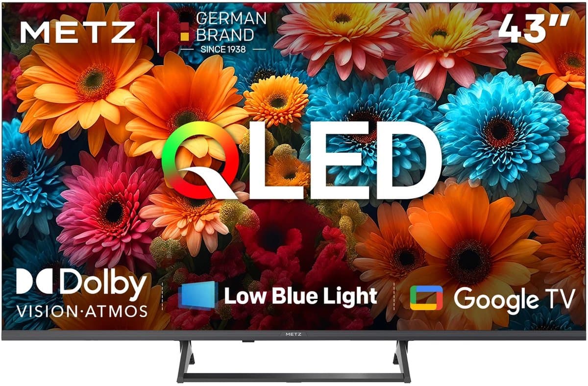 METZ 43MQF7500Z 43-inch (109 cm) QLED 4K UHD Google TV, HDR10+, Dolby Vision & Atmos, HDMI 2.1, VRR, MEMC, ingebouwde Chromecast, drievoudige tuner DVB-T/T2/C/S/S2, Eye Care met laag blauw licht — afbeelding 1