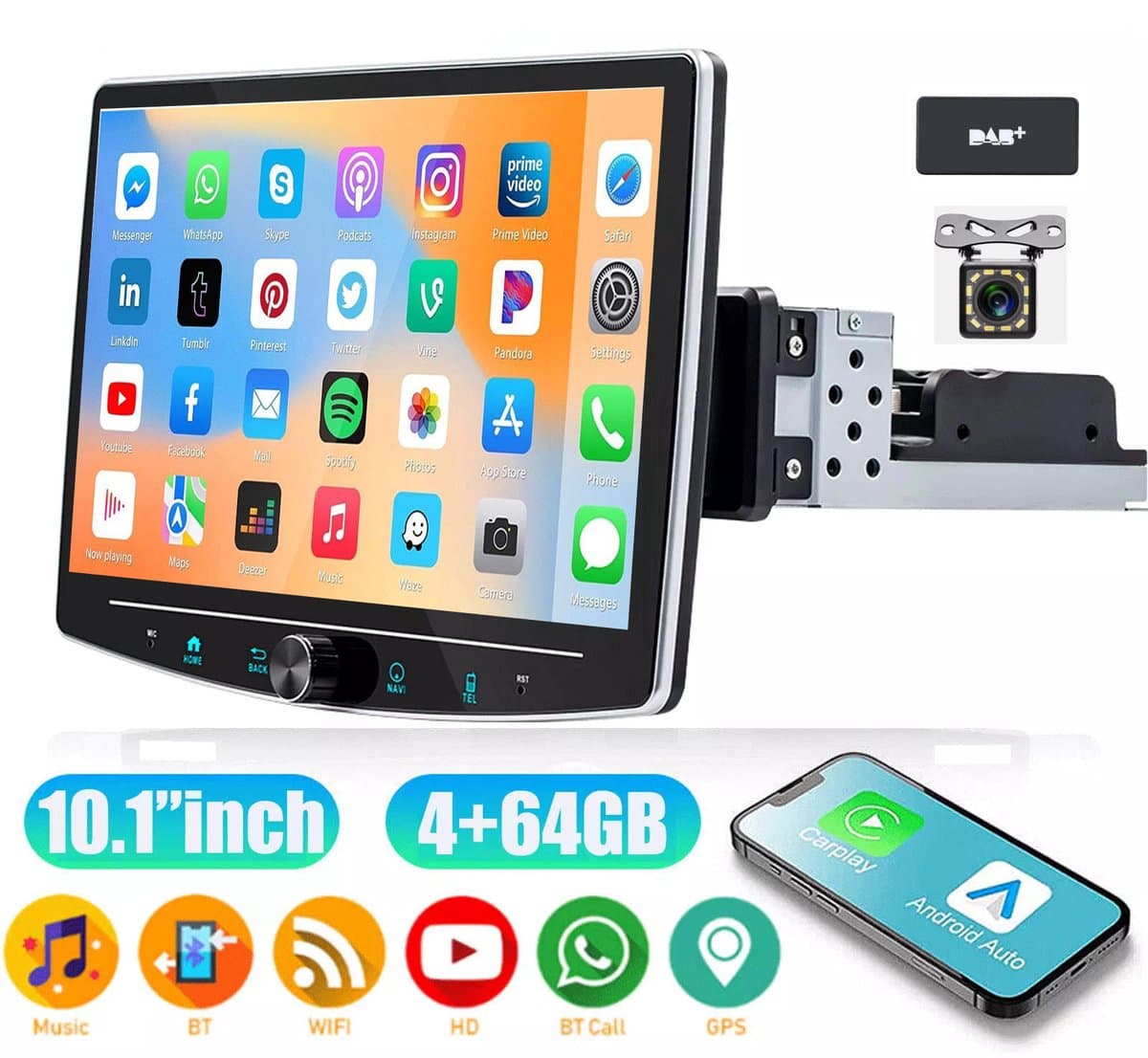 ESSGOO 1DIN Autoradio auto met 10,1 Inch 360° draaibaar scherm - DAB+ autoradio geschikt voor CarPlay en Android auto - Android 15 4 + 64 GB - Bluetooth FM RDS - multimediaspeler - 12LED-achteruitrijcamera - microfoon — afbeelding 1