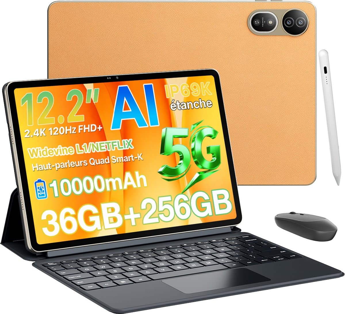 Tablette Blackview Mega 12 - 12,2 inch - Android 16 - 5G - 36GB RAM - 256GB ROM - 10000mAh Accu - 50MP+8MP Camera - Met toetsenbord en stylus - Gouden — afbeelding 1