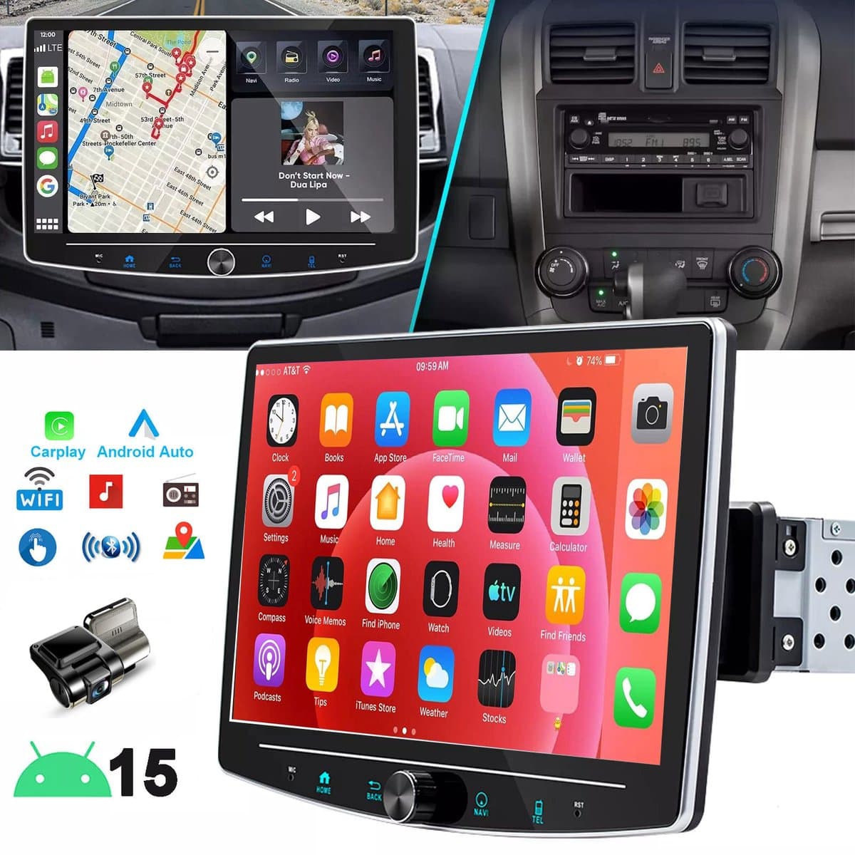 ESSGOO 1DIN Autoradio auto met 10,1 Inch 360° draaibaar scherm - autoradio geschikt voor CarPlay en Android auto - Android 15 4 + 64 GB - Bluetooth FM RDS - multimediaspeler - USB Dashcam — afbeelding 1
